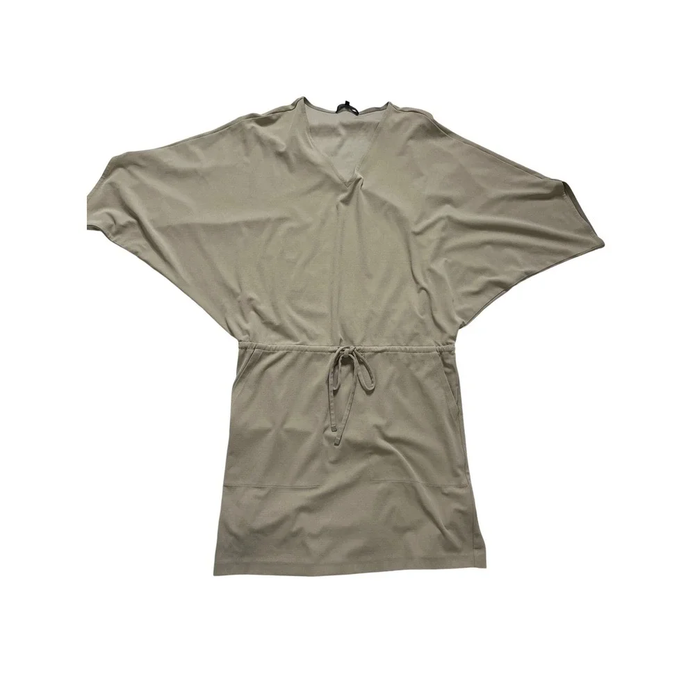 Lafayette 148 New York Drawstring Waist Dress Medium Beige V-Neck Dolman Pockets - Picture 2 of 12